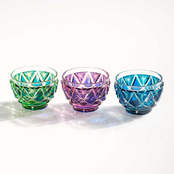 二色酒盃 寿恵瑠(ジュエル) 【蒼黄緑×ルリ金赤×ルリ緑】3点セット
